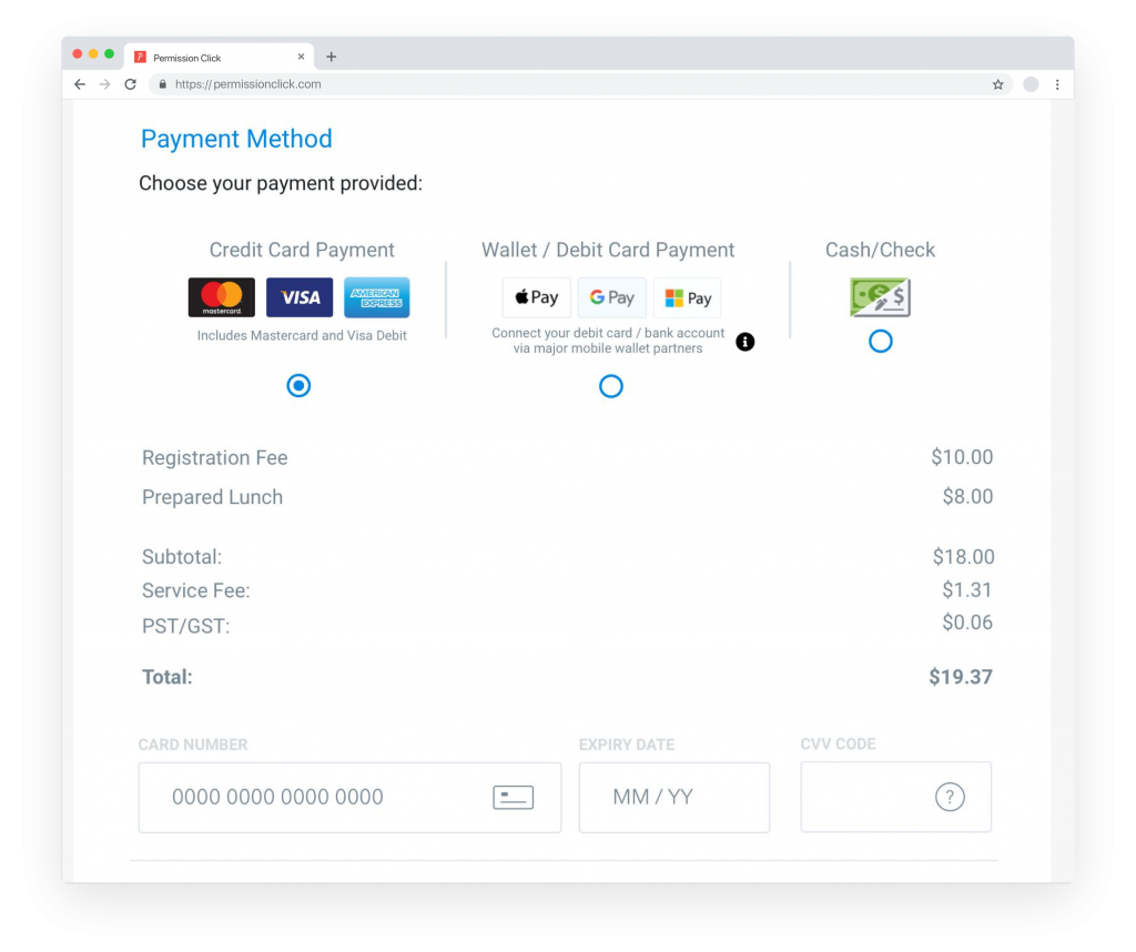 Screenshot of the PC Payment Screen